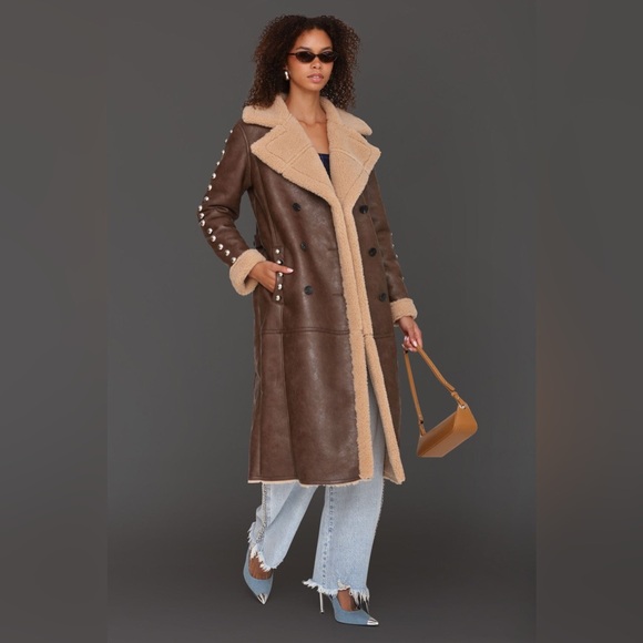 Alec Lea Filles NWT STUDDED FAUX SHEARLING COAT, Color Cognac Black Sterling - Picture 5 of 11